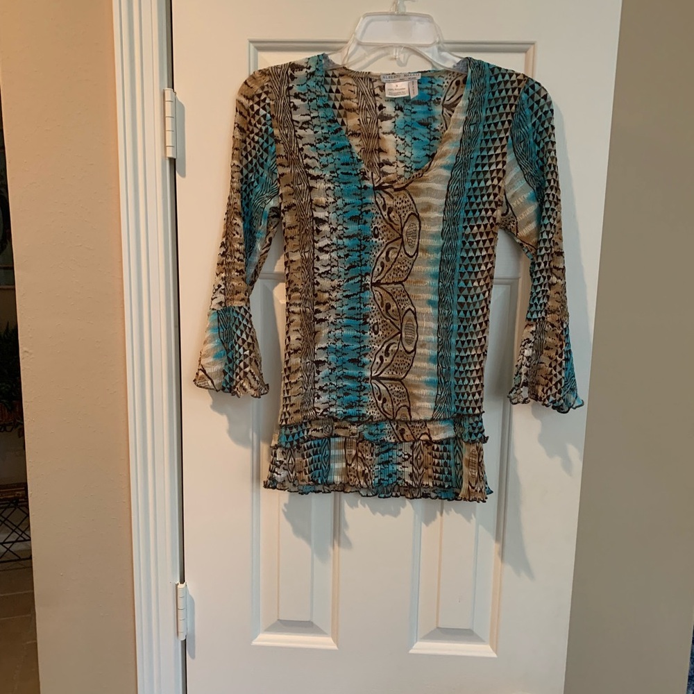 Alberto Makali Blue and Brown Ruched 3/4 Sleeve Blouse